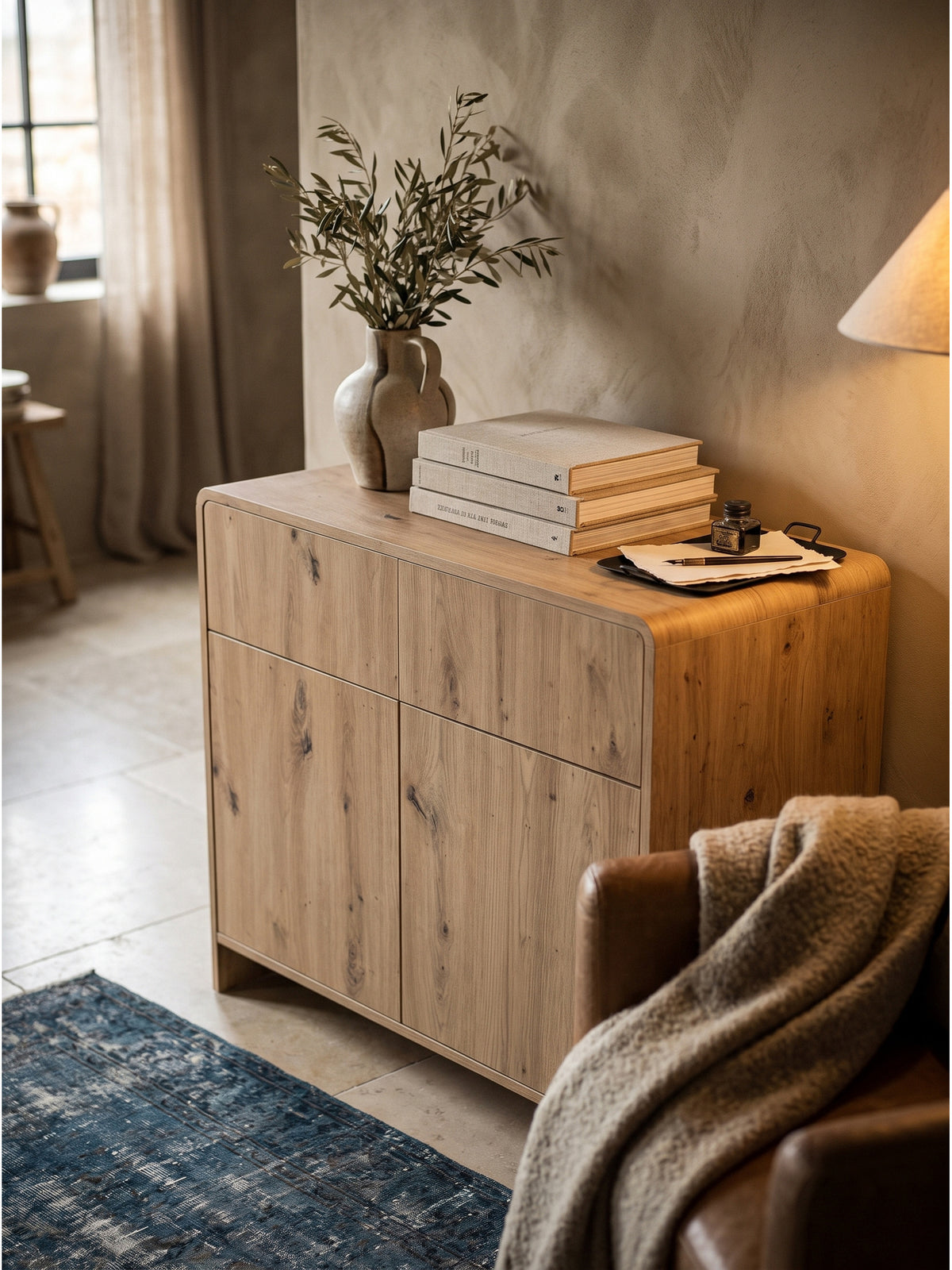 Stilvoll dekoriertes Sideboard aus MDF Eichenoptik mit skulpturaler Keramiklampe und getrockneten Zweigen vor Kalkputz_