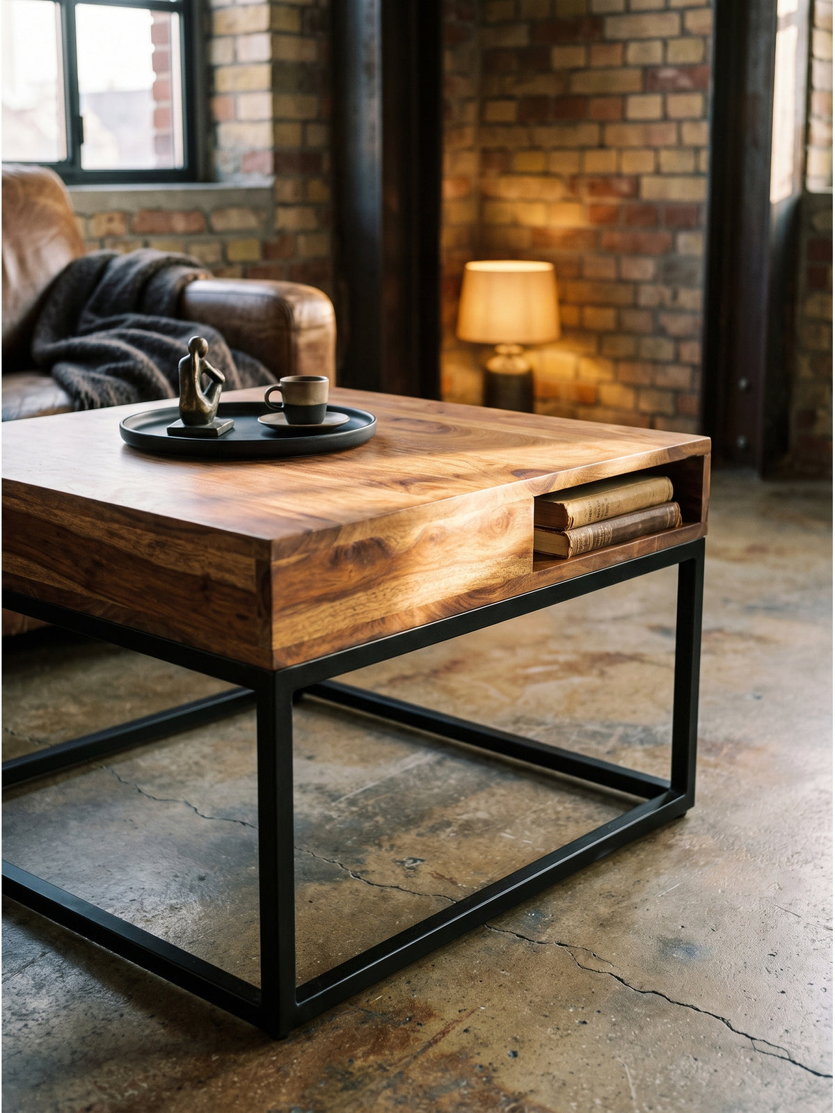 Nahaufnahme der offenen Staufächer des Sofatisches mit Büchern und einem Glas auf der warmbraunen Holzplatte