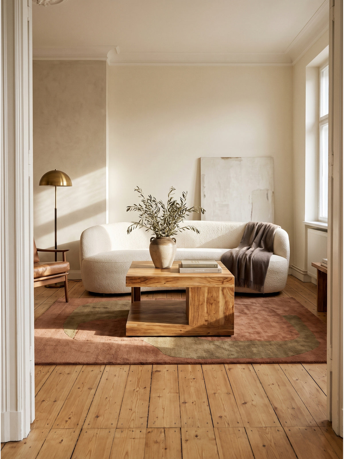 Quadratischer Couchtisch aus massivem Akazienholz in einem hellen Wohnzimmer vor einem sandfarbenen Loungesofa._