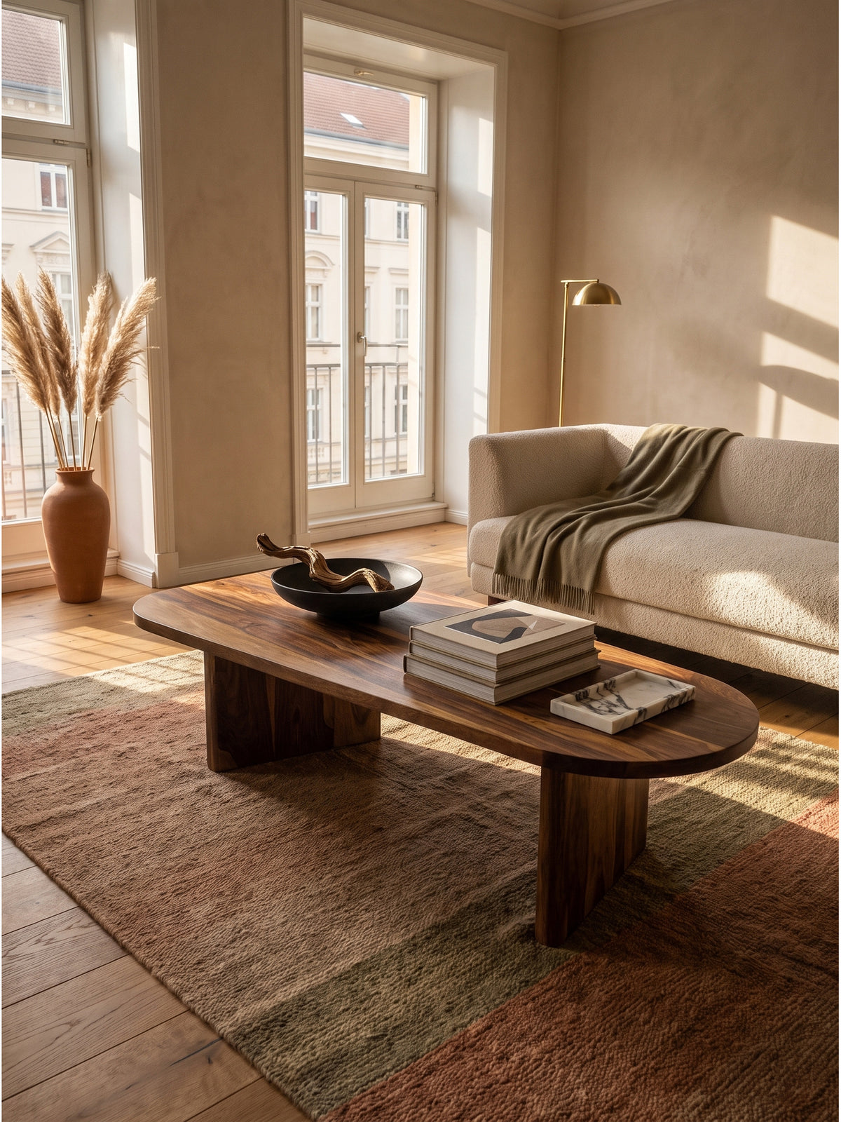 Ovaler Couchtisch aus massivem Sheeshamholz 120x60x32 cm im hellen Wohnzimmer auf einem strukturierten Wollteppich vor einem Leinensofa