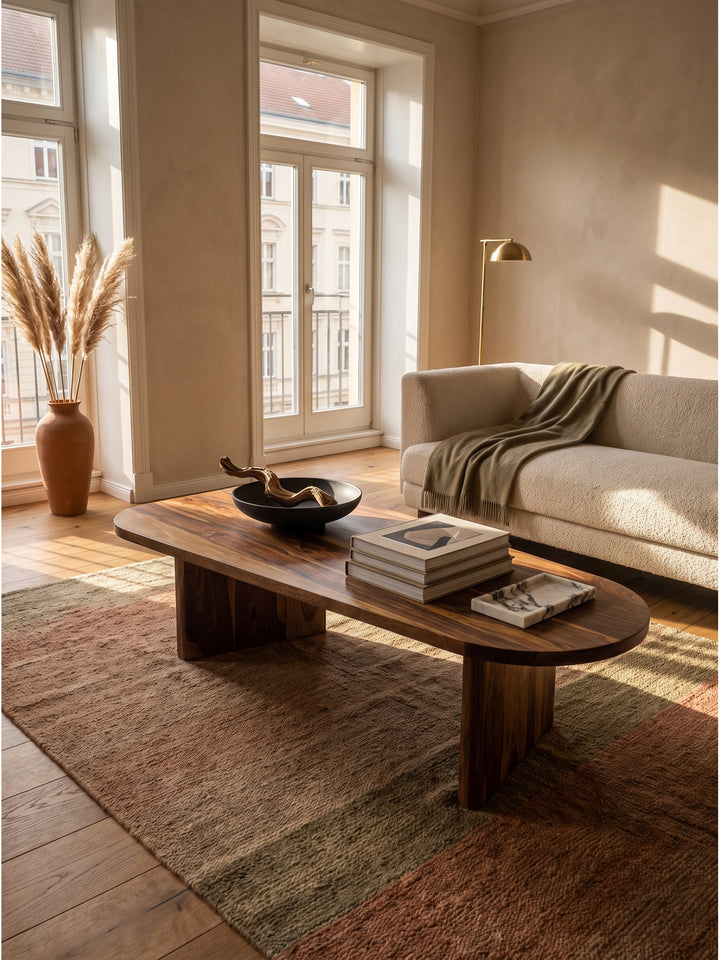Ovaler Couchtisch aus massivem Sheeshamholz 120x60x32 cm im hellen Wohnzimmer auf einem strukturierten Wollteppich vor einem Leinensofa_