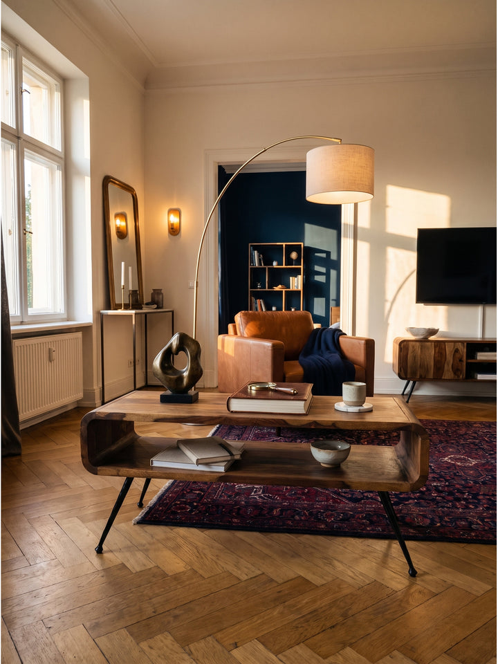 Der handgefertigte Couchtisch aus Sheesham Massivholz mit seinem offenen Fach bildet das Herzstück auf einem Vintage-Perserteppich im eleganten Wohnzimmer._