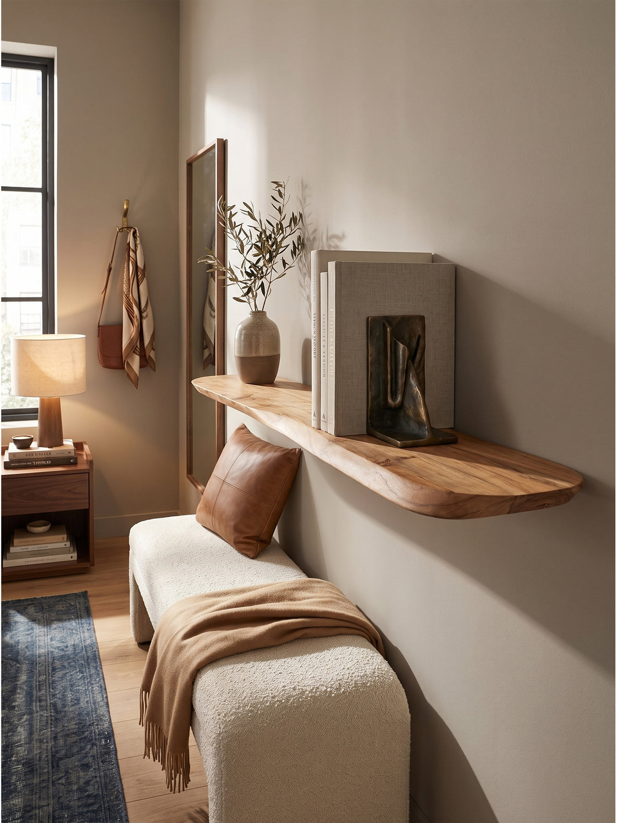 Minimalistisches Wandboard in Akazie Natur harmonisch kombiniert mit einem niedrigen Lesesessel auf breiten Eichendielen._