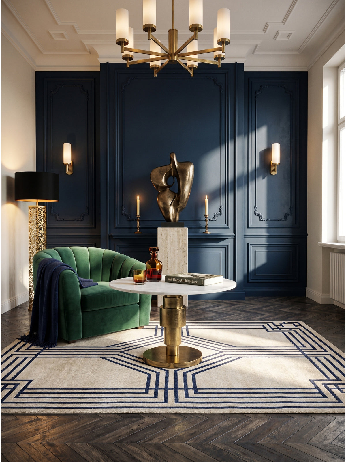 Runder Couchtisch aus weißem Marmor und goldenem Aluminium im luxuriösen Art-Deco Wohnzimmer vor dunkelblauer Wand mit Samtsofa_