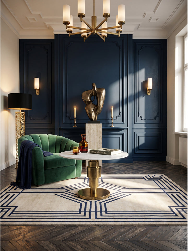 Runder Couchtisch aus weißem Marmor und goldenem Aluminium im luxuriösen Art-Deco Wohnzimmer vor dunkelblauer Wand mit Samtsofa_