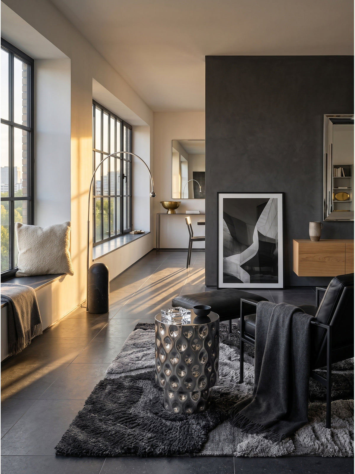 Ein skulpturaler Beistelltisch aus handgefertigtem Aluminium in Silber bildet den glänzenden Mittelpunkt im modernen Wohnzimmer vor einer dunkelgrauen Wand.