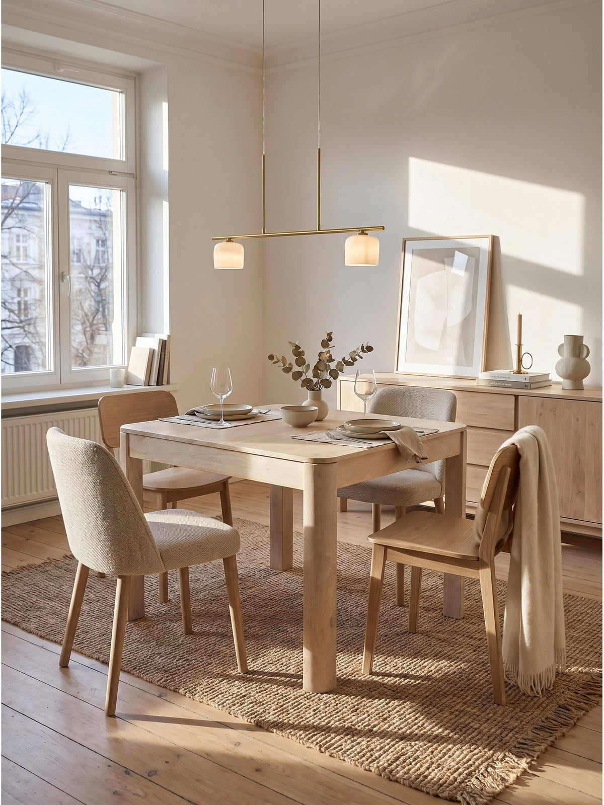 Quadratischer Esstisch aus Mangoholz White Wash im hellen skandinavischen Esszimmer mit großen Fenstern