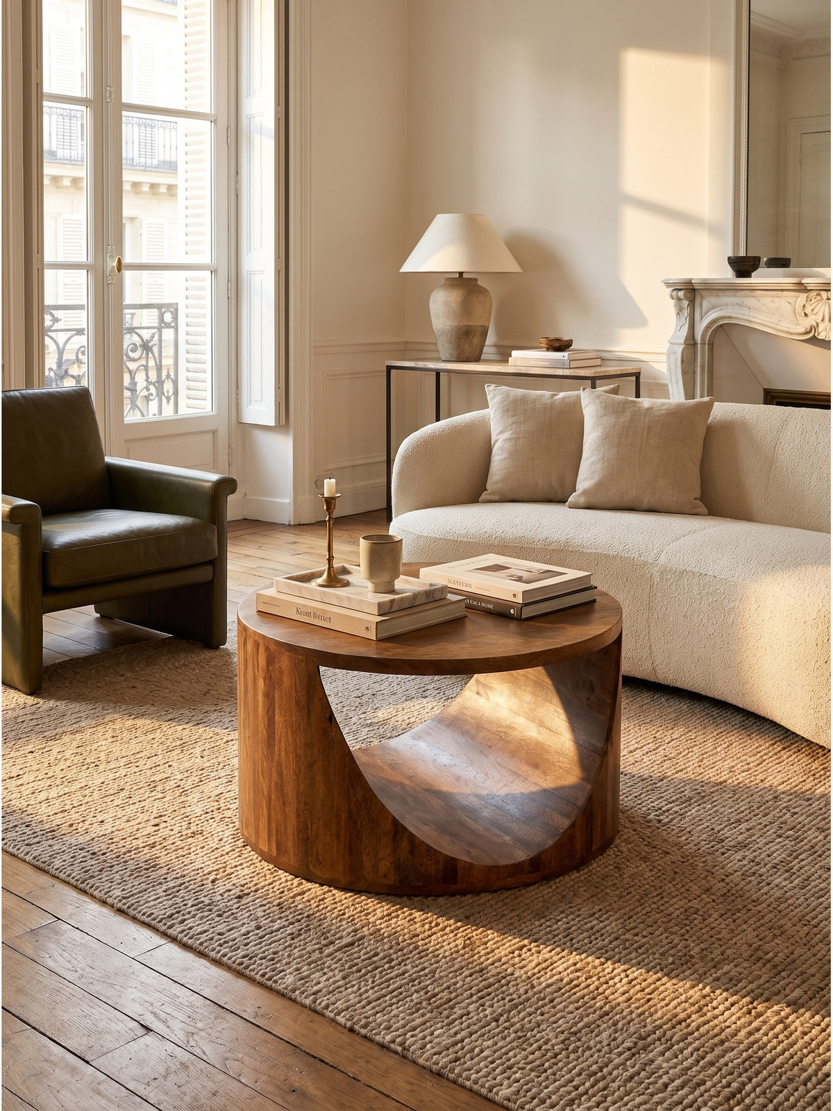 Zylindrischer Kaffeetisch aus Mangoholz neben einem geschwungenen Boucle-Sofa in einem hellen Wohnzimmer mit hohen Fenstern