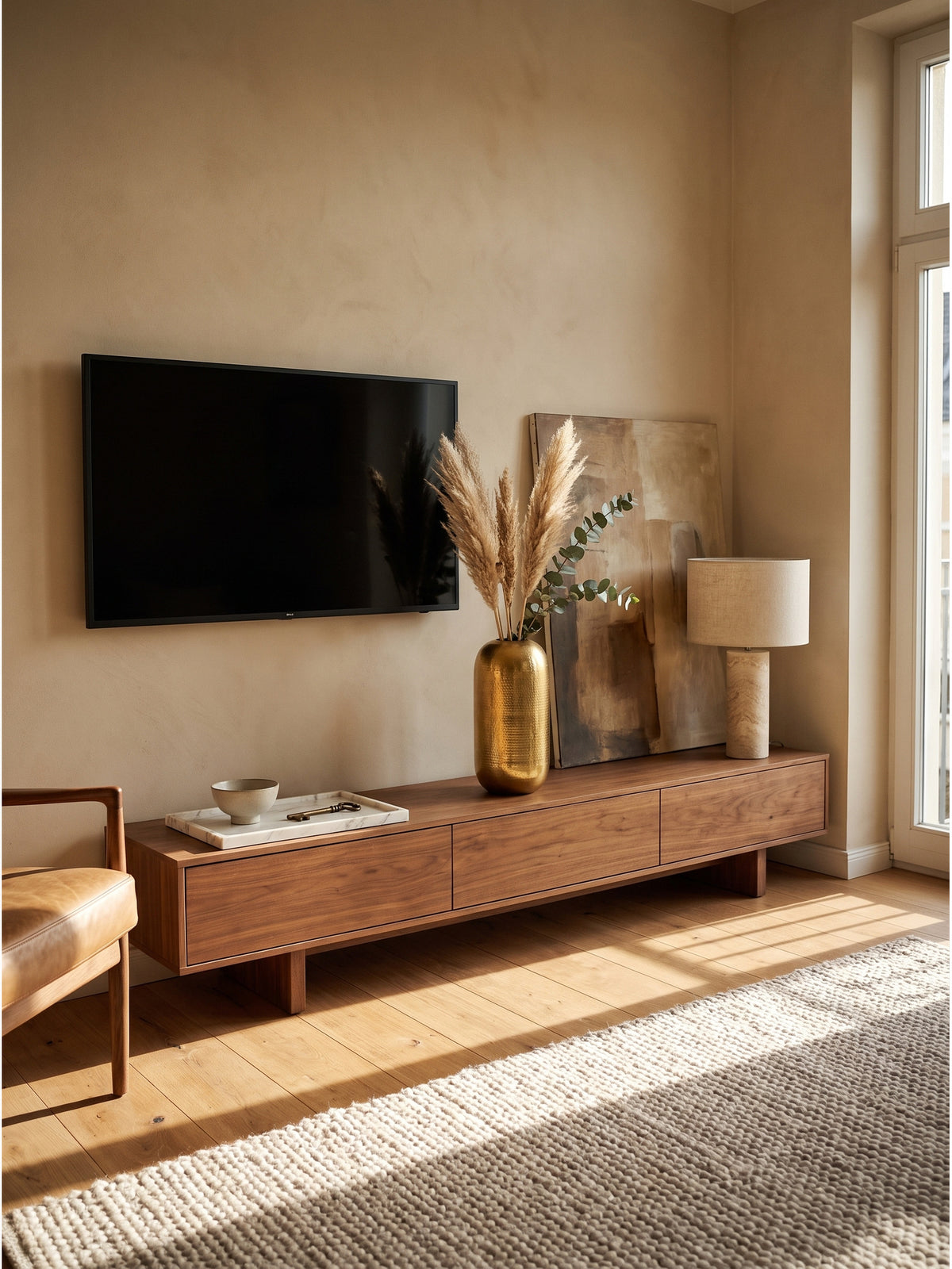 Große Dekovase aus Aluminium in Gold arrangiert auf einem Nussbaum-Sideboard im eleganten modernen Wohnzimmer_