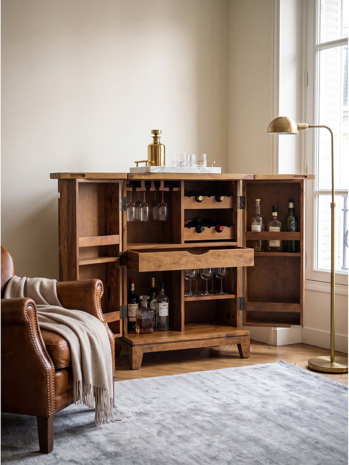 Der kompakte Barschrank aus braunem Sheeshamholz harmoniert perfekt mit einem klassischen Cognac-Ledersessel und einem weichen Vintage-Teppich im Loungebereich._