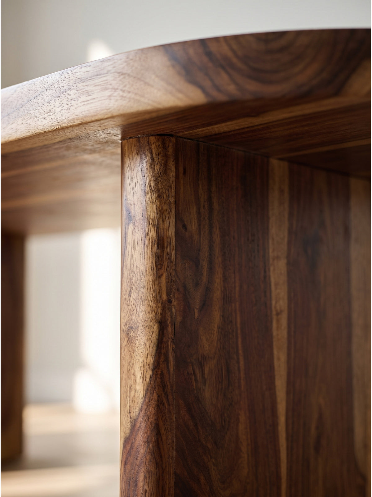 Detailaufnahme der Tischplatte aus Sheesham Massivholz mit lebhafter dunkler und heller Holzmaserung unter einer Klarlack-Versiegelung_