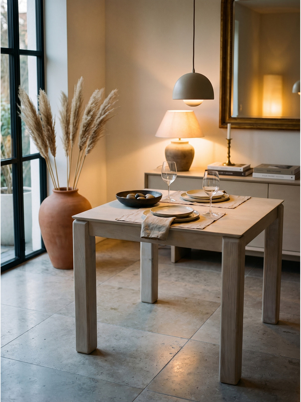 Gemütlicher Frühstücksplatz am Holztisch 80x80 cm mit handgefertigter Keramikschale und Leinentischdecke vor bodentiefen Fenstern_