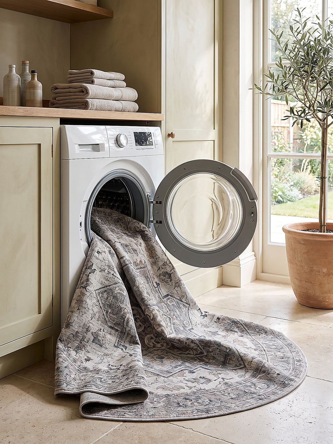 Teppich Beige-Grau rund gemütliche Wohnszene_