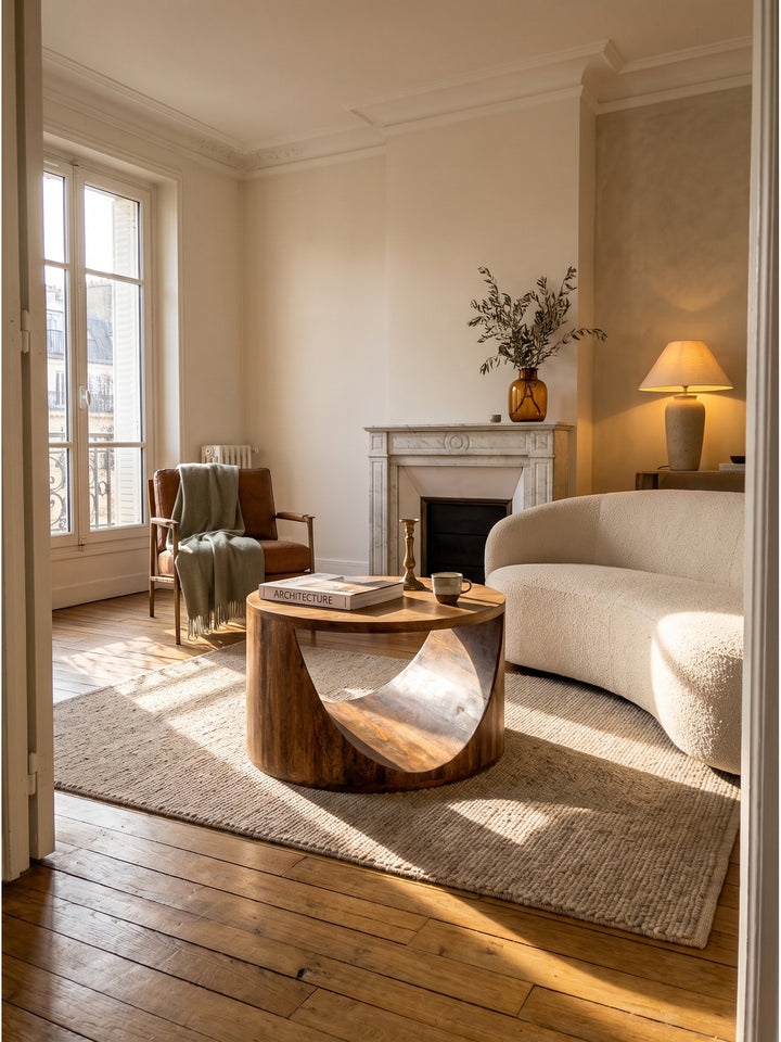 Skulpturaler Couchtisch aus massivem Mangoholz 60x60x36 cm im Organic Modern Wohnzimmer auf sandfarbenem Wollteppich vor hellem Leinensofa_
