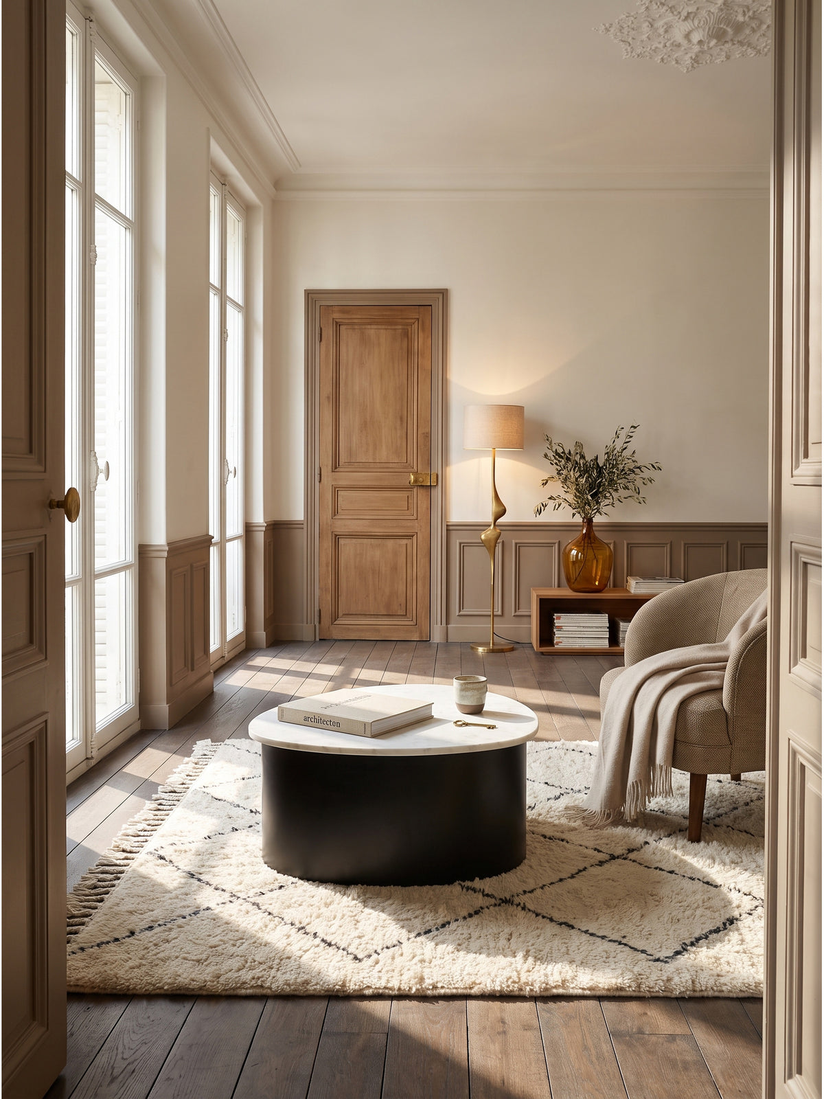 Eleganter Wohnzimmertisch aus indischem Marmor und Aluminiumgestell schwarz im modern eingerichteten Wohnzimmer mit hellem Teppich_