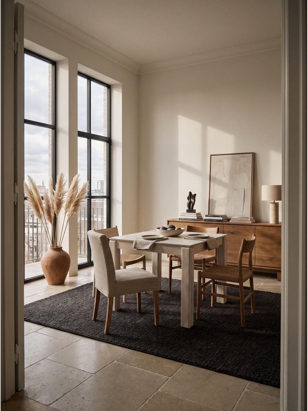 Quadratischer Esstisch aus massivem Mangoholz in White-Wash-Optik 80x80 cm im hellen skandinavischen Esszimmer mit Naturfaserteppich_