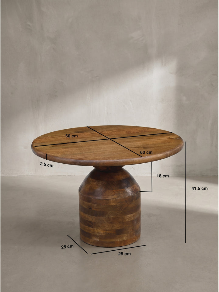Technische Maße des runden Mango-Couchtisches mit 60cm Durchmesser und 41,5cm Höhe visualisiert für die optimale Raumplanung im Wohnbereich_