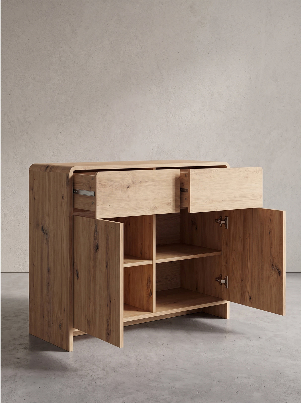Detailansicht der abgerundeten oberen Ecke und der Spaltmaße des grifflosen Sideboards Eiche Dekor