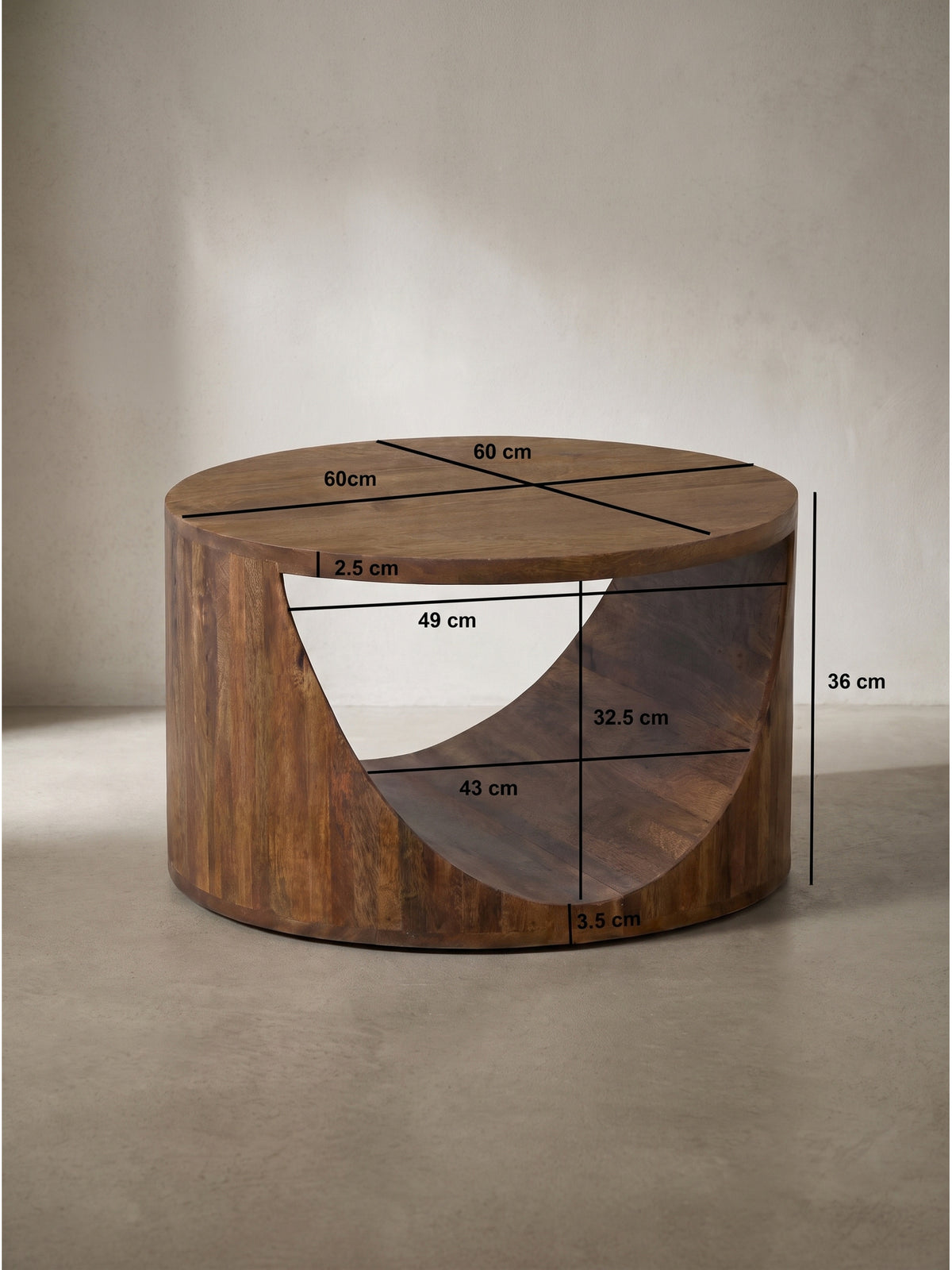Maßskizze Couchtisch Mango Massivholz Rund mit exakten Abmessungen L 60cm B 60cm H 36cm und Stärke der Holzelemente