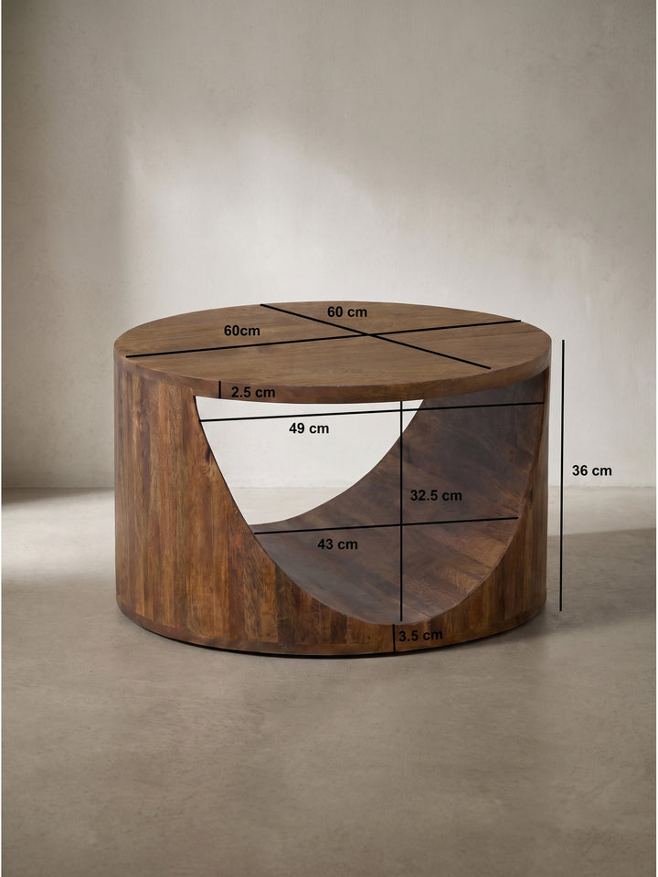 Maßskizze Couchtisch Mango Massivholz Rund mit exakten Abmessungen L 60cm B 60cm H 36cm und Stärke der Holzelemente_