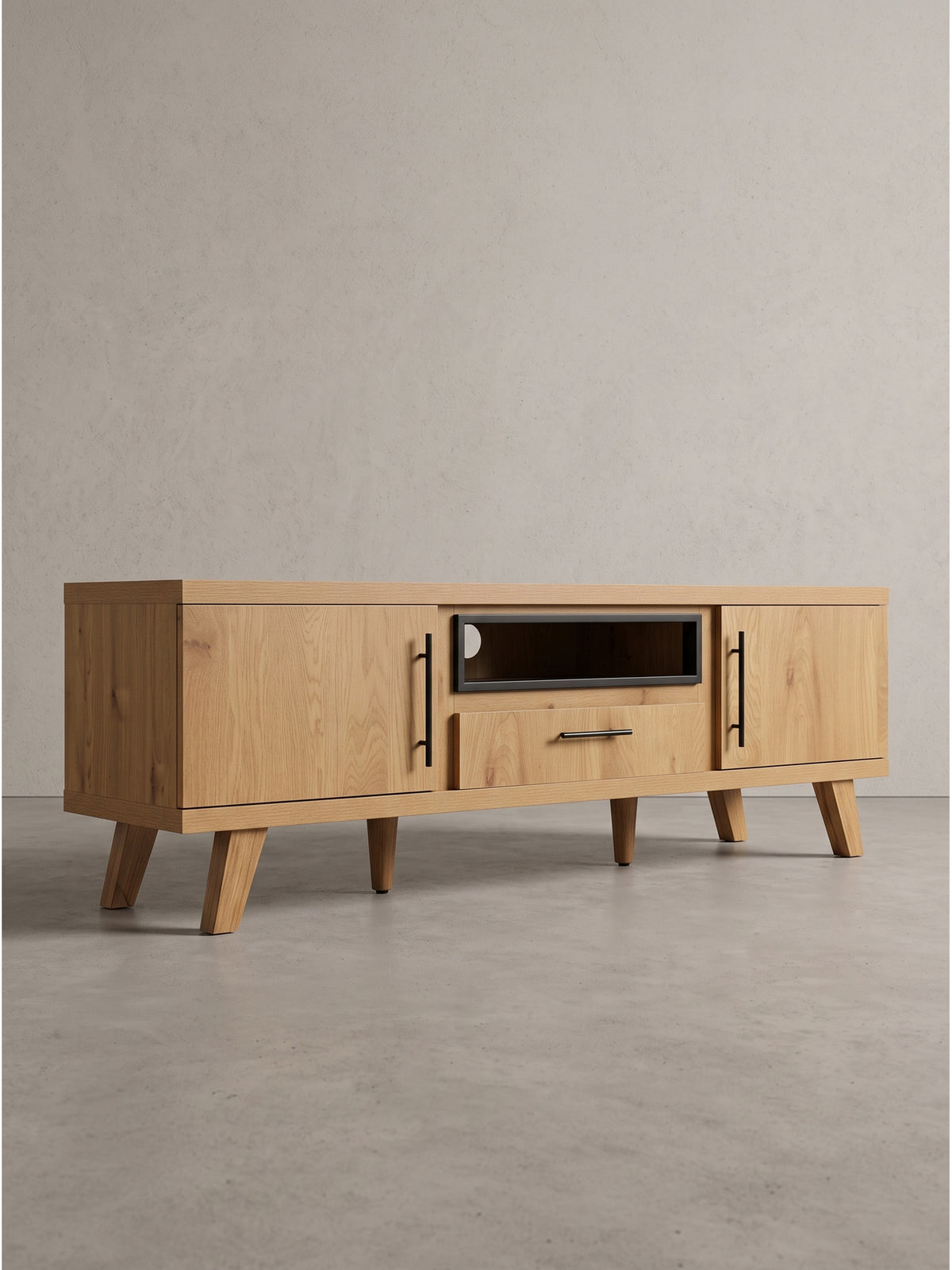Seitenprofil der TV-Anrichte aus langlebigem MDF mit konischen schrägen Holzfüßen im modernen Mid-Century-Stil_