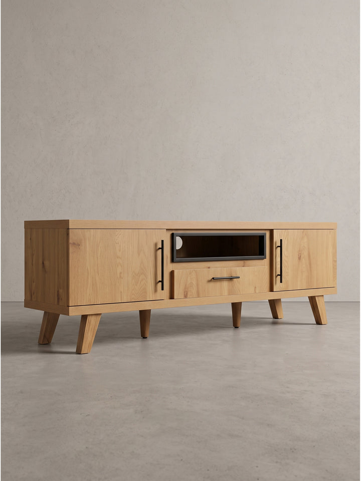 Seitenprofil der TV-Anrichte aus langlebigem MDF mit konischen schrägen Holzfüßen im modernen Mid-Century-Stil_