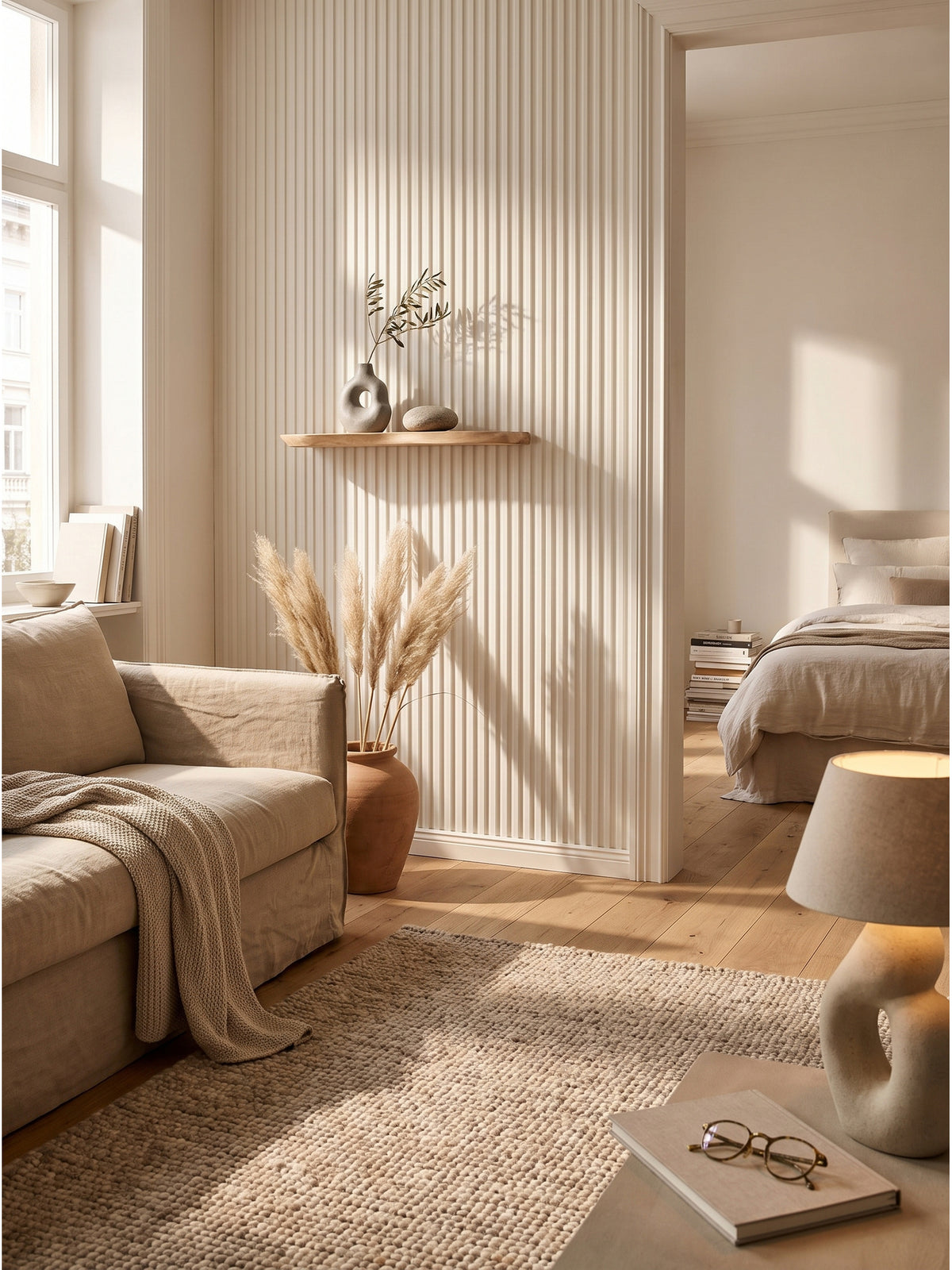 Schwebendes Wandregal aus Akazie Massivholz 40x20 cm in organischem Design an einer warmweißen strukturierten Wand im Wohnzimmer_