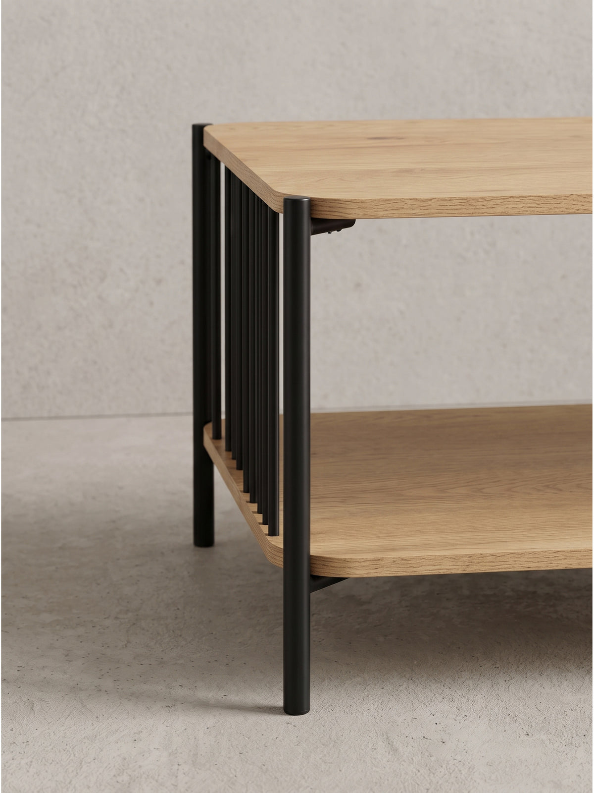 Alternative Perspektive des Loungetisches 110x60cm fokussiert auf die luftige Silhouette und den starken Materialmix