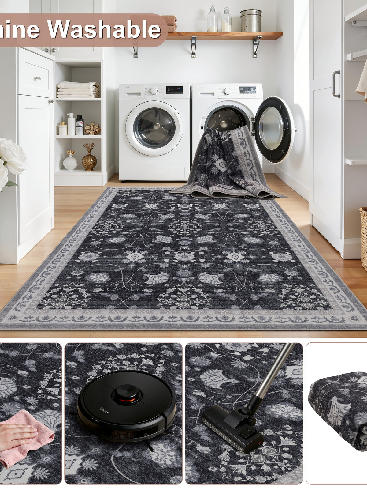 Teppich Schwarz-Creme-Grau rund Polyester (Kurzflor) Raumgestaltung Inneneinrichtung_