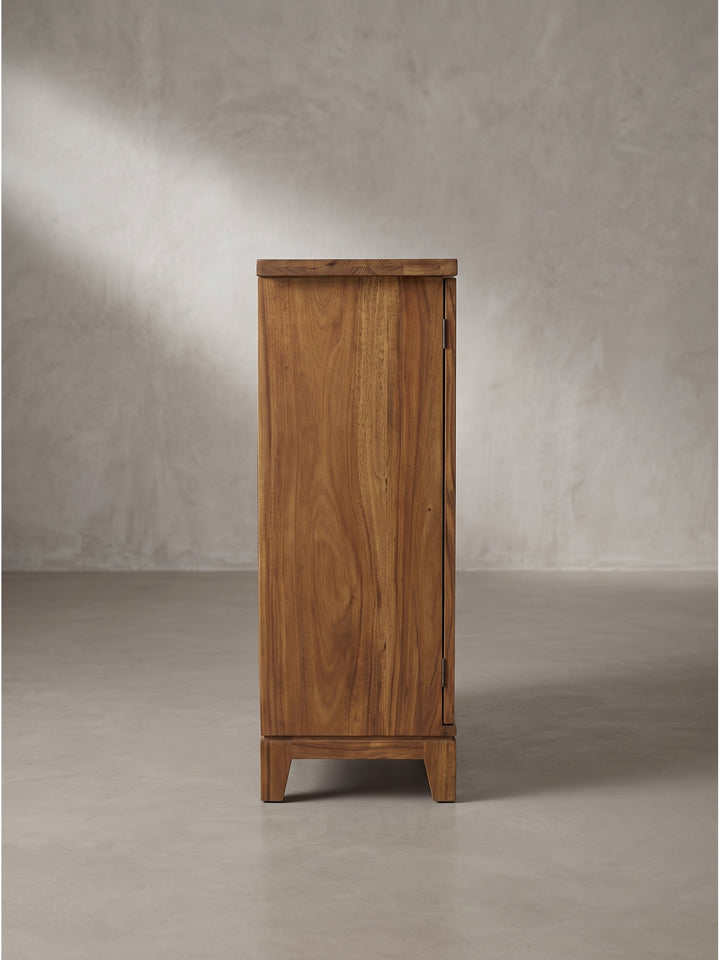 Nahaufnahme der geschlossenen Fronten der braunen Sheeshamholz-Bar zeigt das moderne vertikale Lamellendesign und die feine Textur des natürlichen Materials._