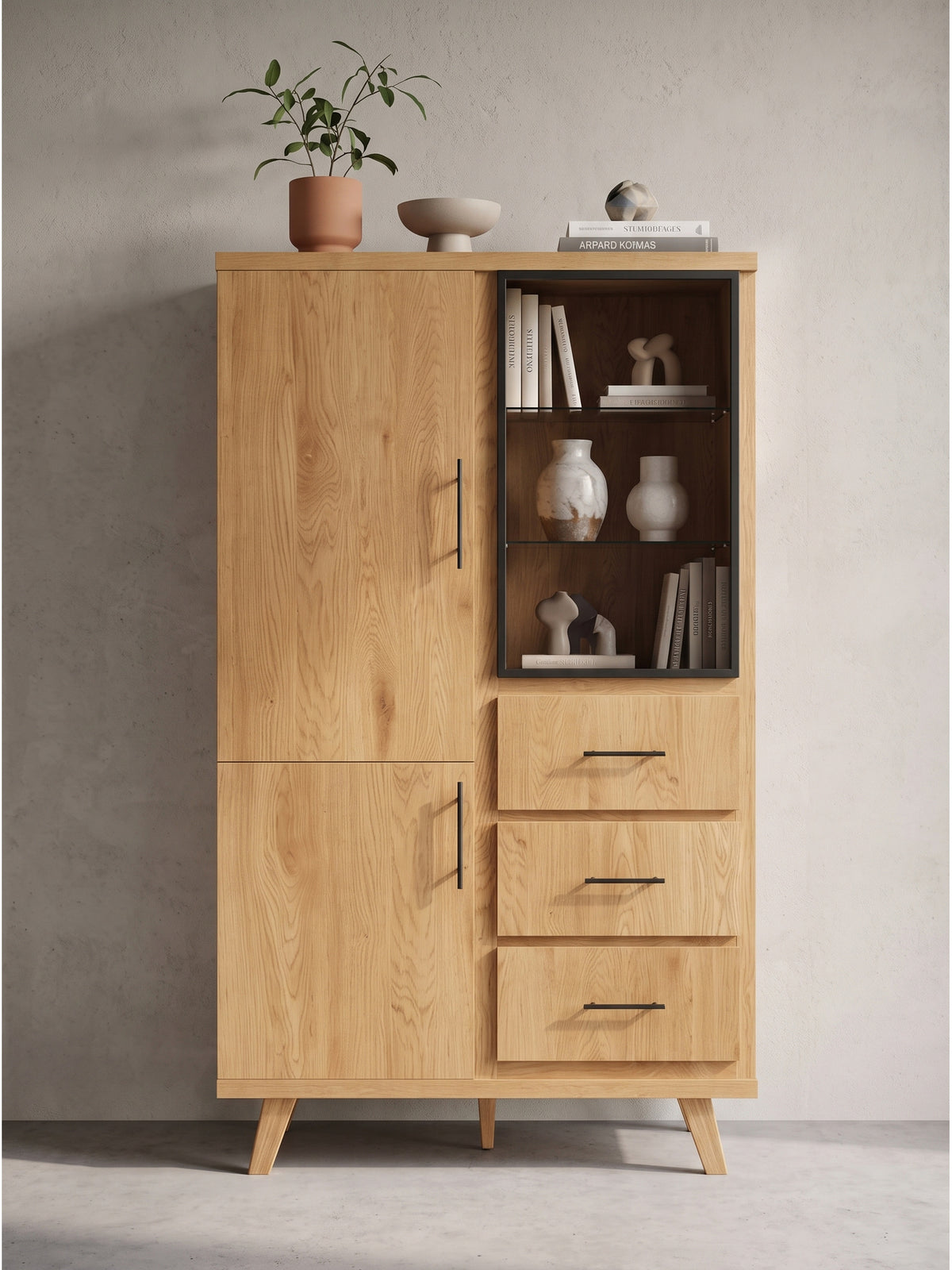 Seitenansicht des skandinavischen Sideboards mit klarer Linienführung und schrägen Eichenholzfüßen für einen stabilen und sicheren Stand_