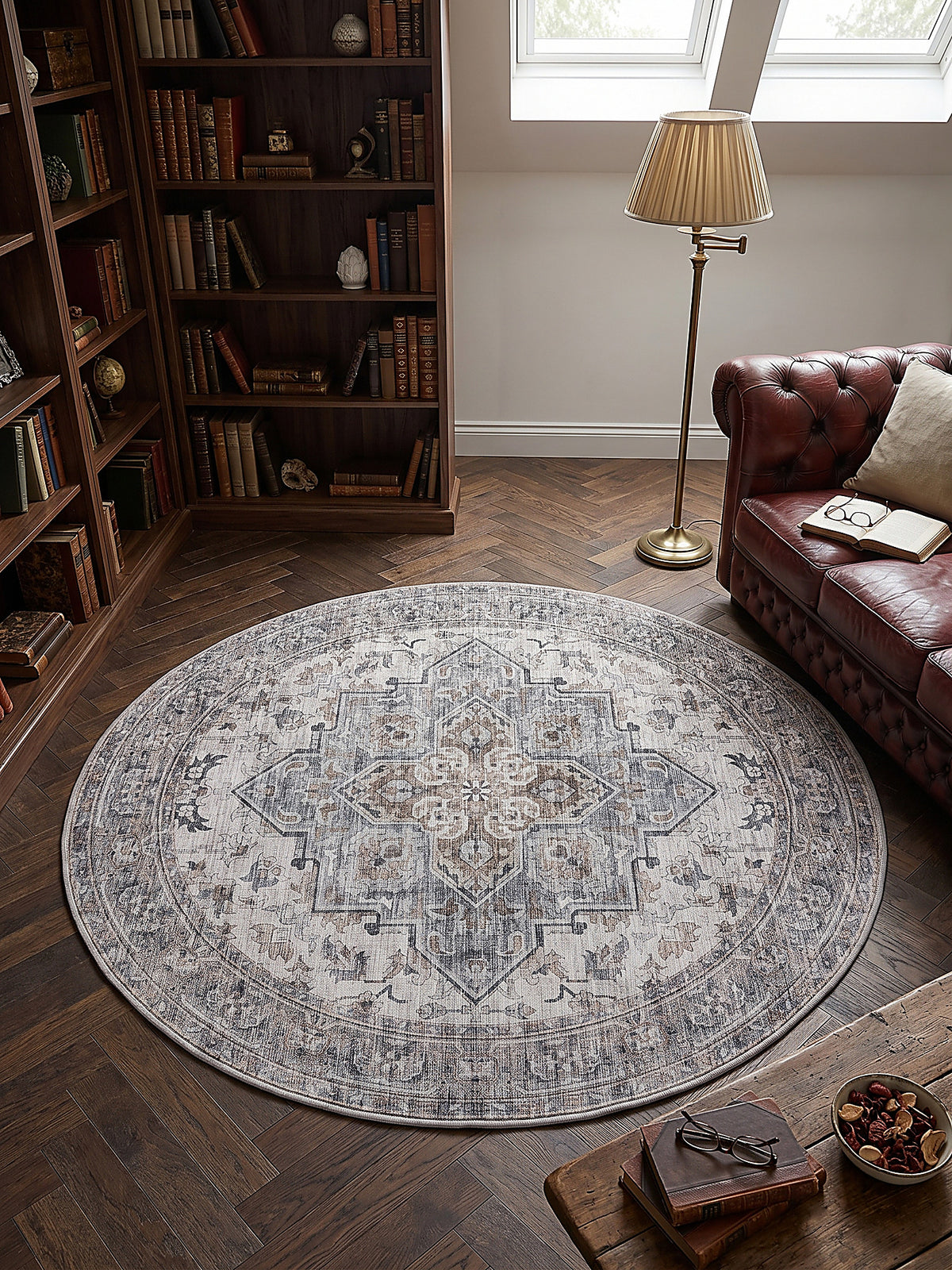 Teppich Beige-Grau rund Draufsicht_