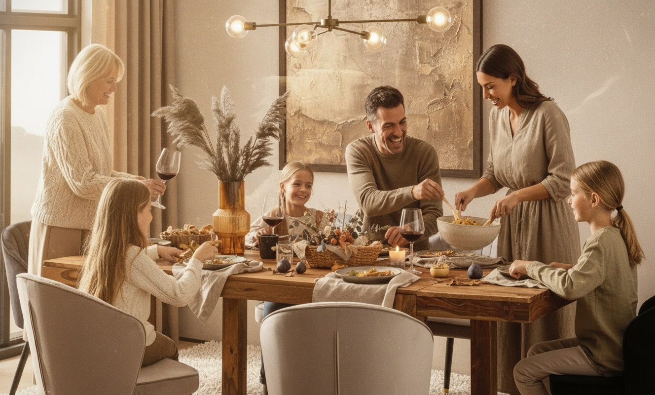 Familienmoment am Esstisch aus Massivholz – warmes Licht, natürliche Materialien und zeitloses Design von Kadima Design