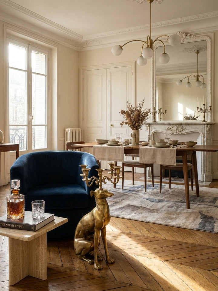 Der skulpturale Bodenkerzenhalter in Gold neben einem mitternachtsblauen Samtsessel als stilvolles Wohnaccessoire für ein luxuriöses Ambiente._