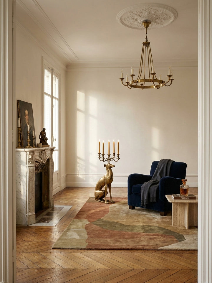 Extravaganter goldener Kerzenhalter in Windhund-Form als Blickfang neben einem Marmorkamin in einem Pariser Altbau-Wohnzimmer mit Stuckdecke._