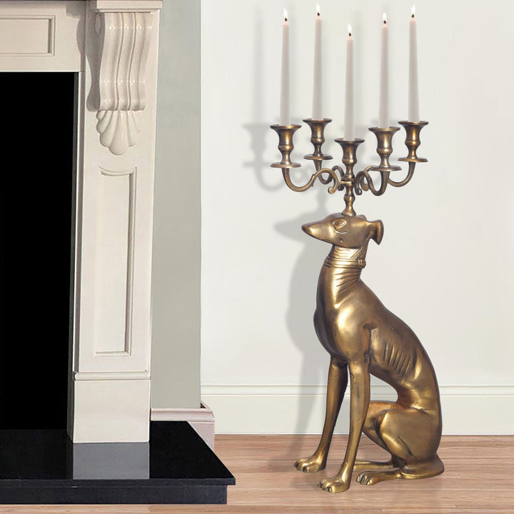 Dekofigur Kerzenhalter Windhund Aluminium Gold 69 cm mit 5 Armen