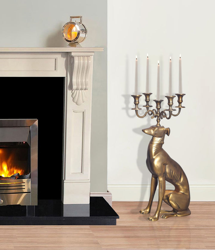 Dekofigur Kerzenhalter Windhund Aluminium Gold 69 cm mit 5 Armen