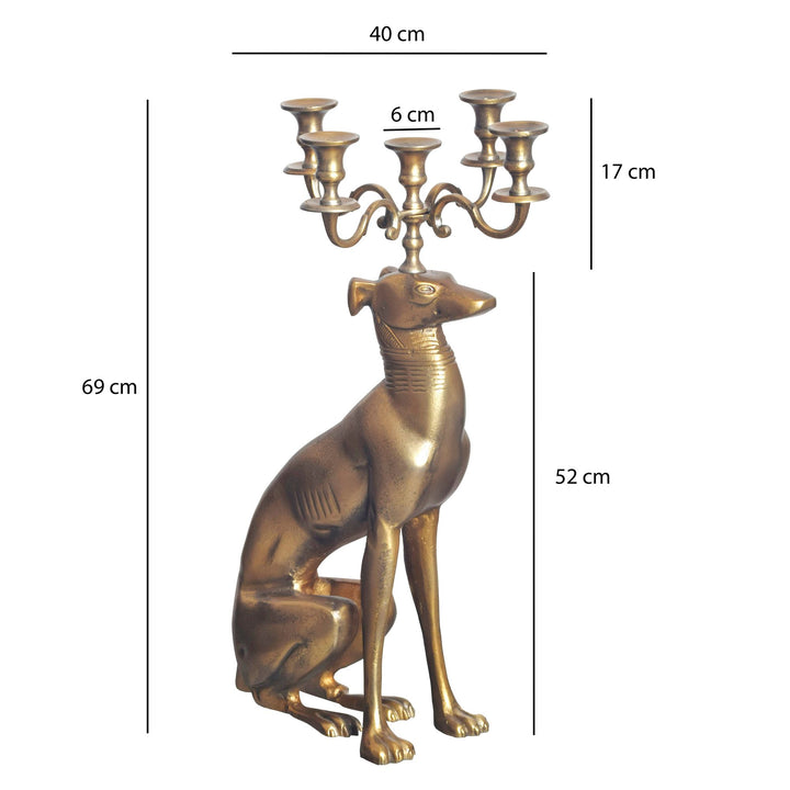 Dekofigur Kerzenhalter Windhund Aluminium Gold 69 cm mit 5 Armen