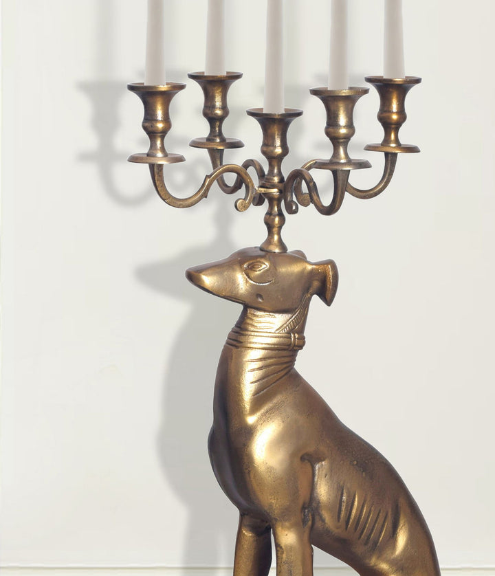 Dekofigur Kerzenhalter Windhund Aluminium Gold 69 cm mit 5 Armen