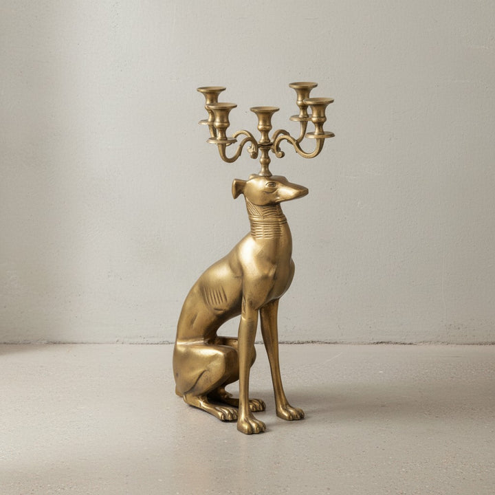 Kerzenhalter Windhund Aluminium Gold 69 cm 5-armiger Kerzenleuchter - Kerzenständer Metall für fünf Kerzen - Bodenkerzenhalter Modern - Wohnaccessoire Hund_