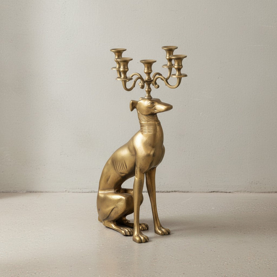 Kerzenhalter Windhund Aluminium Gold 69 cm 5-armiger Kerzenleuchter - Kerzenständer Metall für fünf Kerzen - Bodenkerzenhalter Modern - Wohnaccessoire Hund_