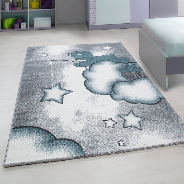 Kinderteppich Bär Polypropylen saugroboter Kurzflor Kinderzimmer_Blau_Läufer_