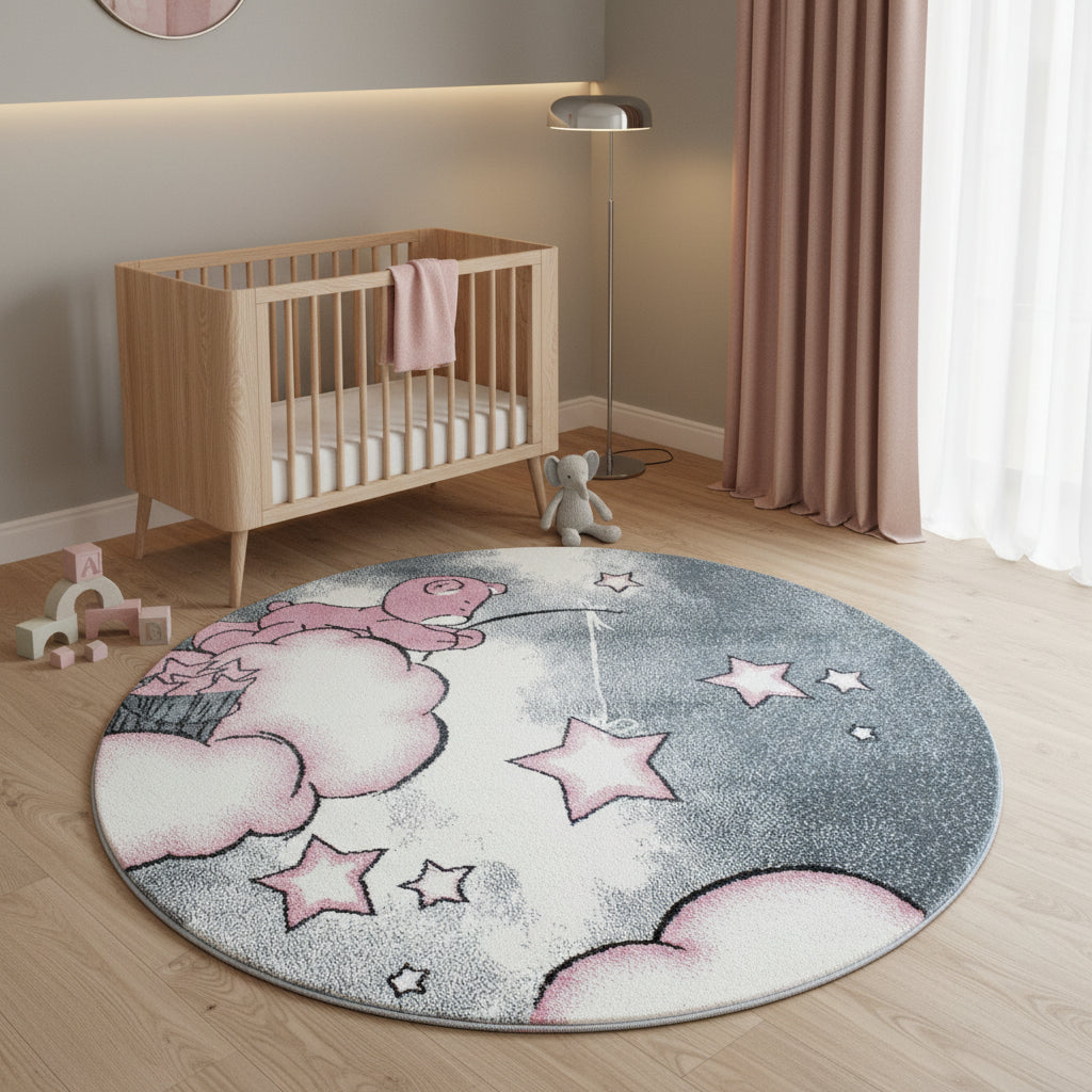 Kinderteppich Bär Polypropylen gewebt saugroboter Kurzflor Kinderzimmer Rund