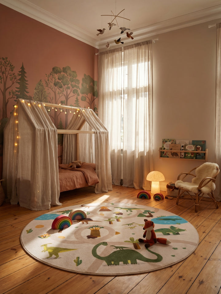 Teppich Beige rund im Wohnzimmer Einrichtungsidee_