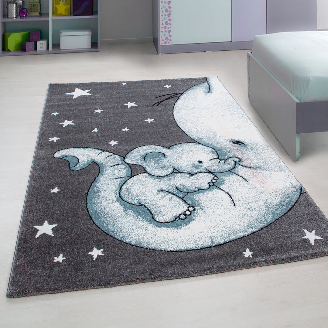 Kinderteppich Elefant Polypropylen saugroboter Kurzflor Kinderzimmer_Blau_Läufer_