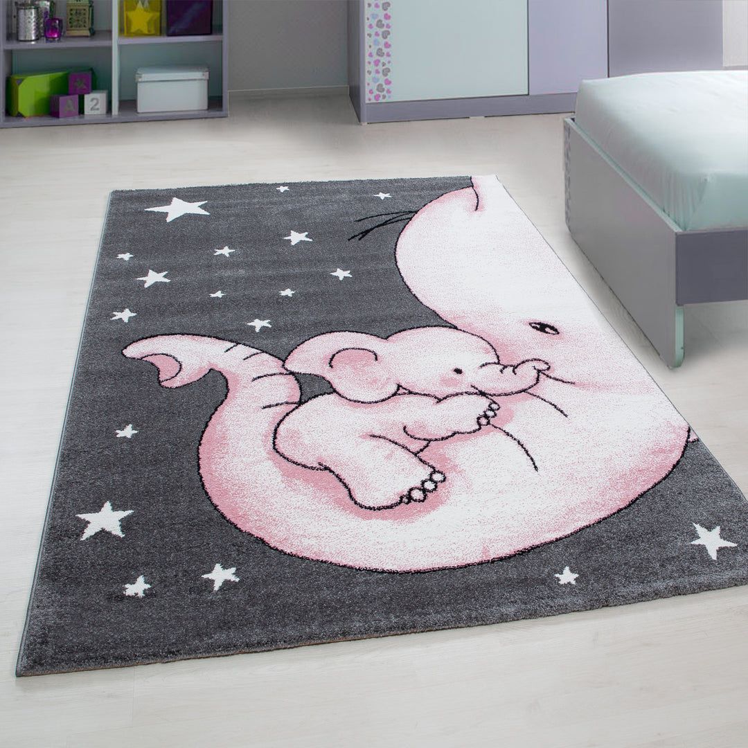Kinderteppich Elefant Polypropylen saugroboter Kurzflor Kinderzimmer_Pink_Läufer_
