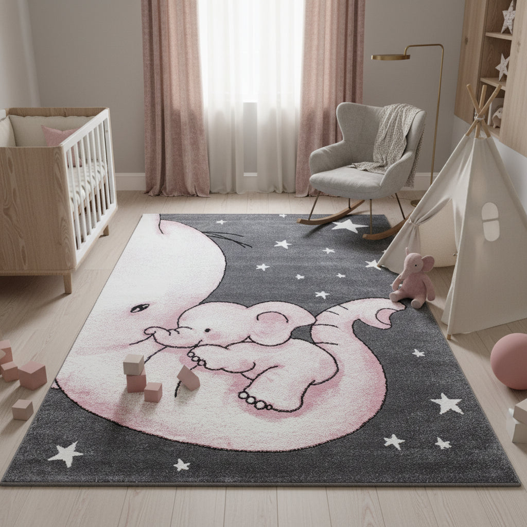 Kinderteppich Elefant Polypropylen gewebt saugroboter Kurzflor Kinderzimmer Läufer