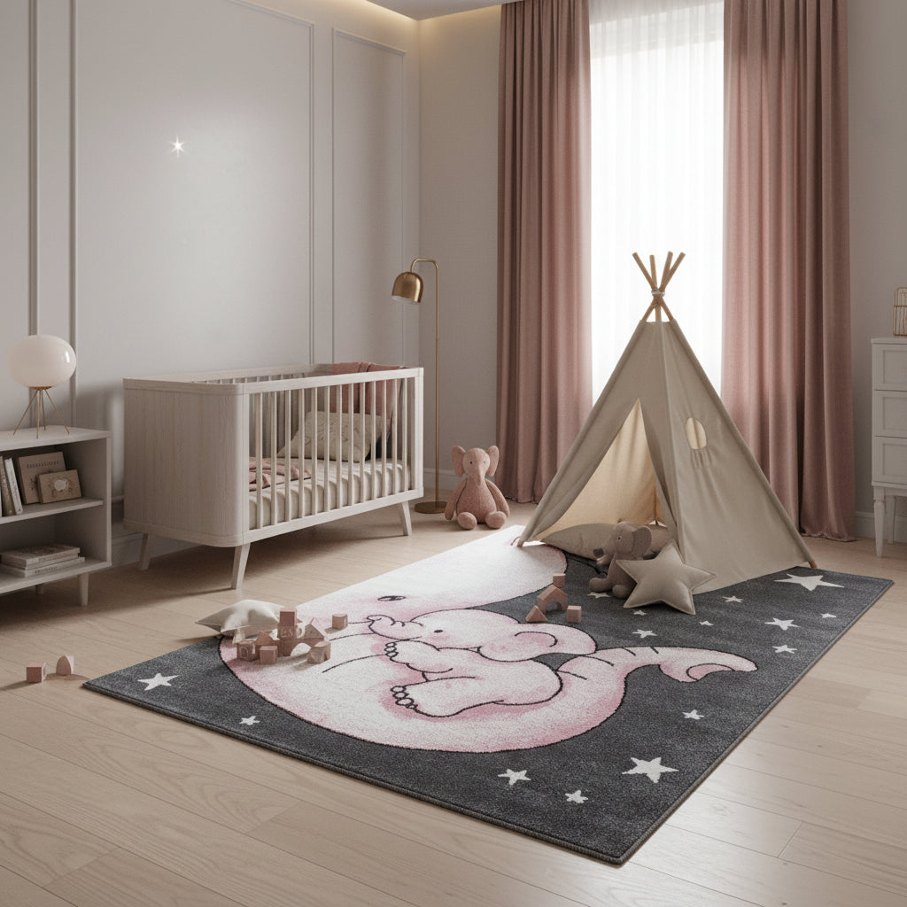 Kinderteppich Elefant Polypropylen gewebt saugroboter Kurzflor Kinderzimmer Läufer