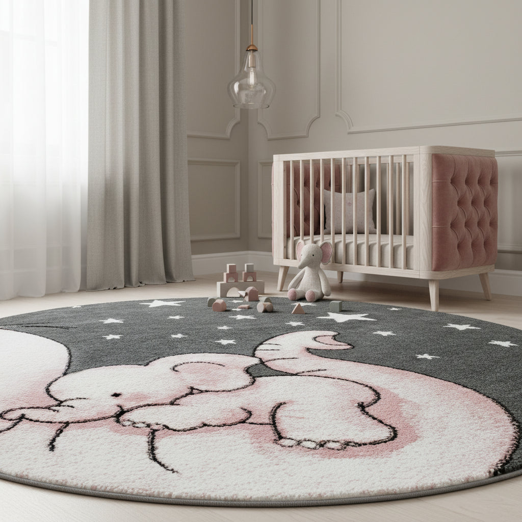Kinderteppich Elefant Polypropylen gewebt saugroboter Kurzflor Kinderzimmer_Rund_