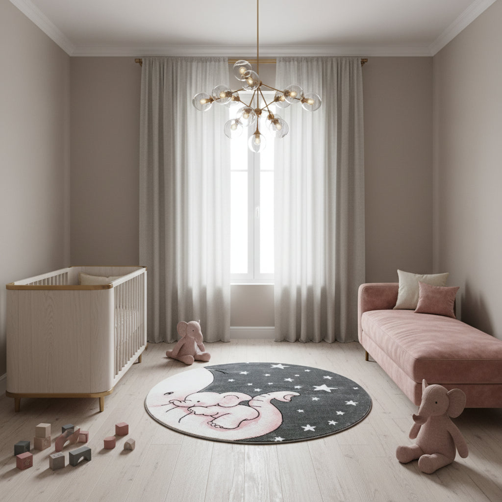 Kinderteppich Elefant Polypropylen gewebt saugroboter Kurzflor Kinderzimmer_Rund_